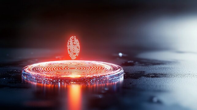 A glowing digital fingerprint scanner on a dark, futuristic surface. The image is lit with red and blue light, creating a sense of technology and security. - Powered by Adobe