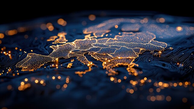 A stylized map of Europe is illuminated with glowing dots, set against a dark, textured background. The image evokes a futuristic, technological concept. - Powered by Adobe