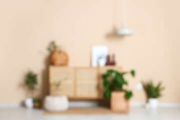 Blurred view of room with commode, wicker baskets and plants