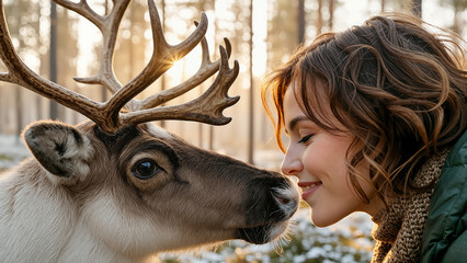 close up of a smiling woman affectionately touching noses with a reindeer in a peaceful sunlit forest, creating a warm and intimate wildlife moment