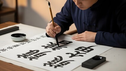 Person practicing traditional japanese calligraphy with brush and ink