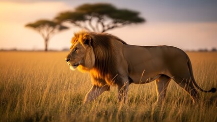 Majestic male lion walking through golden grasslands at sunset