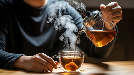 Person pouring hot steaming tea into a glass mug on a wooden table