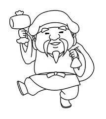 かわいい七福神・大黒天の線画イラスト