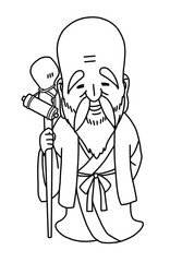 かわいい七福神・福禄寿の線画イラスト