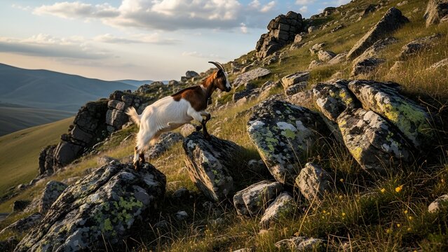Herd of goats grazing on a steep rocky mountain slope at sunset