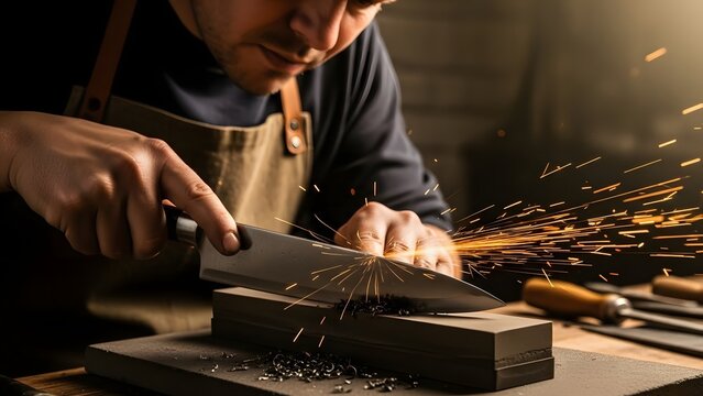 Craftsman sharpening a knife with sparks flying - Powered by Adobe