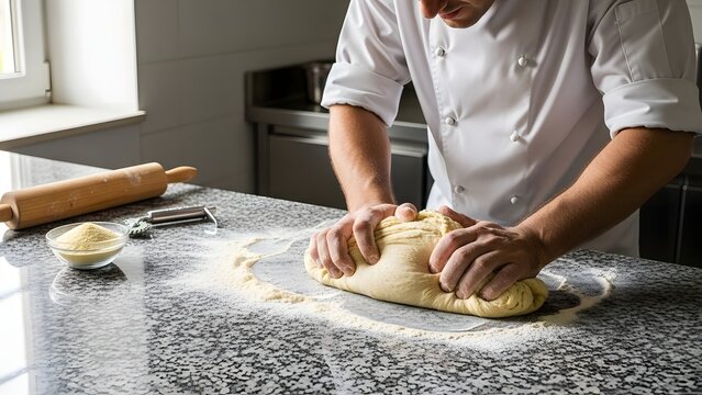 Baker kneading dough on a marble countertop in a professional kitchen