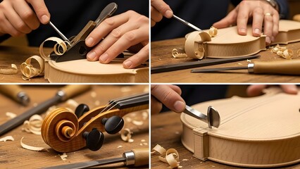 Close up of a luthier crafting a violin with traditional tools