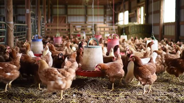 Flock of chickens gathering at feeders inside a large barn, with hay bales in the background, promoting agriculture