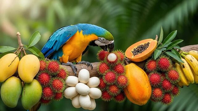 Vibrant Parrot in Tropical Paradise Enjoying Assorted Exotic Fruits Amidst Lush Greenery