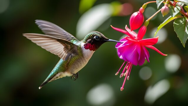 Ruby throated hummingbird feeding on a bright pink fuchsia flower