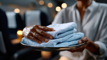 An attentive airline staff member presents neatly folded towels on a platter, enhancing passengers' comfort and cleanliness during their flight experience.