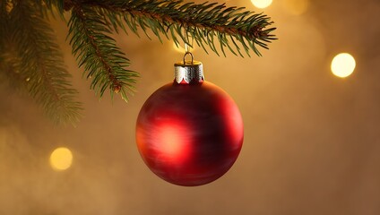 Obraz premium A red Christmas ornament hanging from a pine branch with soft holiday lights in the background.