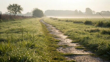 A dewy path winding through a sunlit morning field