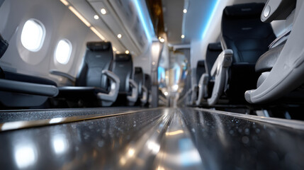 A sleek and modern airplane cabin interior perspective captured from a low angle, highlighting the aisle and seating arrangement in a contemporary jet.