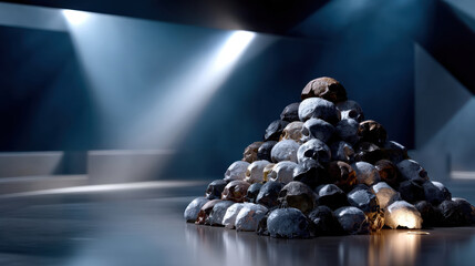 A haunting display of human skulls arranged in a pyramid shape, ominously illuminated by dramatic lighting, evoking themes of mortality and the passage of time.