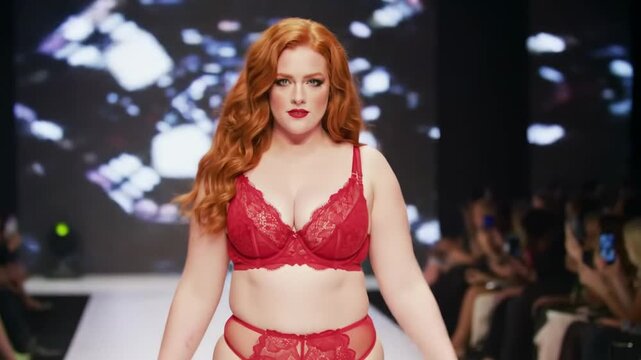 Redhead plus-size model walking runway in lingerie, crowd in background, for fashion magazines or ads