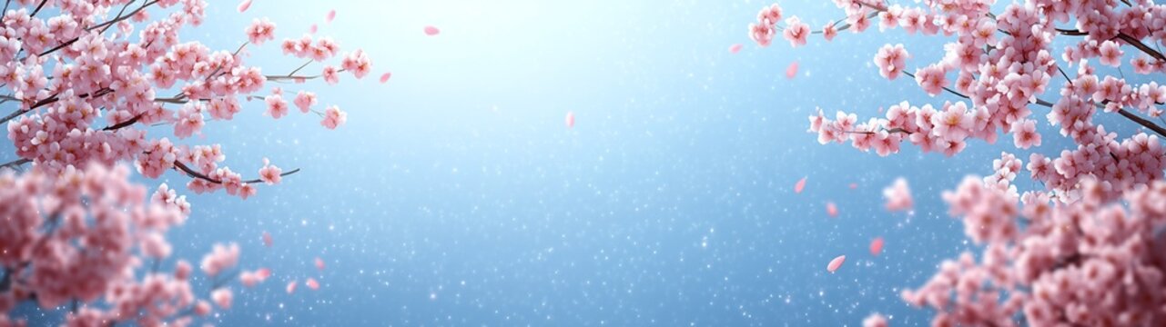 Spring Sakura Watercolor Background, Pastel Blue with Pink Cherry Blossoms in Anime-Style Flat Illustration, Top Space for Text, Perfect for Web Banner and Social Media Cover.