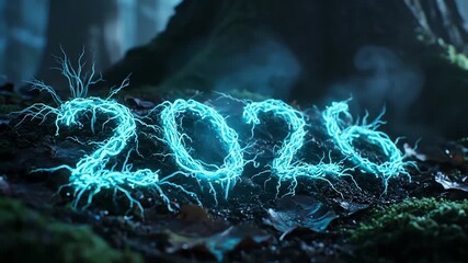 Mystical blue glowing 2024 numbers formed by organic roots on dark forest ground for a futuristic new year and nature concept