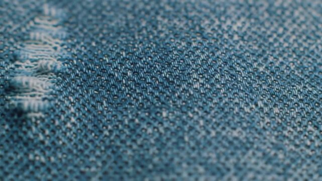 Torn blue denim fabric close-up shows distressed detail. Used for texture, design elements