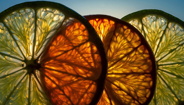 Dramatic backlit orange and lemon slices glowing translucent citrus against blue sky background
