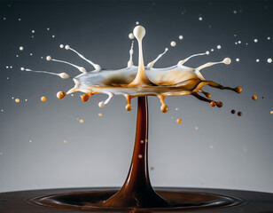 Coffee or tea splash crown with droplets liquid motion photography on dark background