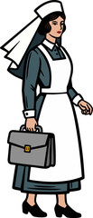 Retro Nurse in Classic Uniform Carrying Medical Bag Illustration