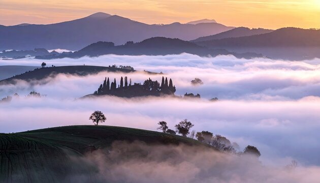 A scenic landscape of rolling hills and trees shrouded in fog at sunrise in Tuscany, Italy. The sky is a gradient of orange and purple.