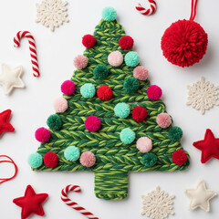 Handcrafted green wool Christmas tree decorated with colorful pom-poms and knitted stars, soft textured holiday craft design, minimalist bright winter background.