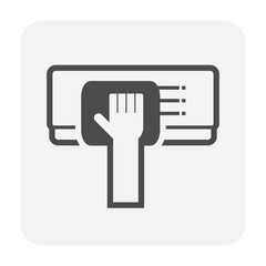 Air conditioner indoor unit cleaning vector icon. Hand wiping evaporator indoor unit, representing AC cleaning, HVAC maintenance for cooling efficiency, healthy airflow and energy savings.