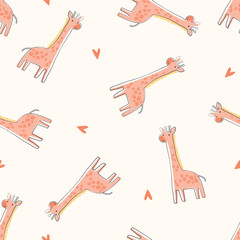 Cute Hand-Drawn Giraffe Seamless Pattern. Adorable animal print with pink hearts in soft pastel colors. Perfect for nursery fabric, wallpaper, wrapping, cover, textile, surface design and more