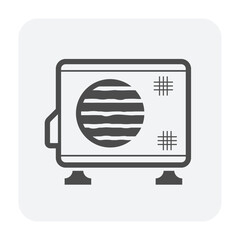 Air condenser unit vector icon in thin black outline, old dirty outdoor AC unit on support. Ideal for illustrating HVAC system issues, low cooling efficiency, poor heat ventilation, need maintenance.