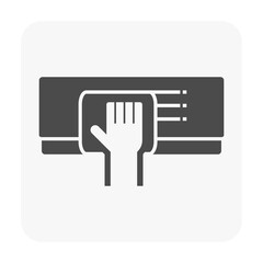 Air conditioner indoor unit cleaning vector icon. Hand wiping evaporator indoor unit, representing AC cleaning, HVAC maintenance for cooling efficiency, healthy airflow and energy savings.