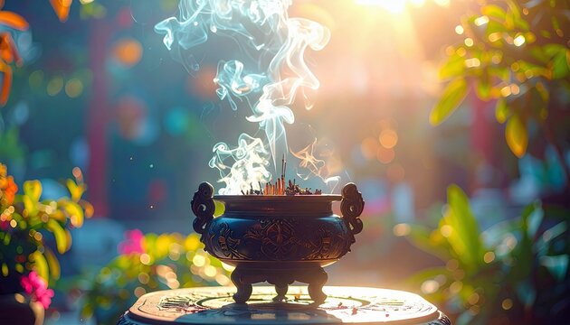 An ornate incense burner with smoke rising against a backdrop of a lush garden bathed in sunlight. The scene evokes a sense of peace and tranquility.