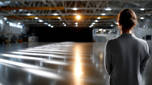 A mysterious woman stands in an industrial setting, illuminated by soft lights, reflecting on her professional journey while evoking a sense of contemplation and potential.