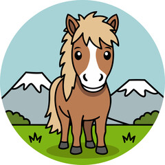Cute Icelandic Horse Standing With Snowy Mountain Background - Animal Character Illustration on Round Background