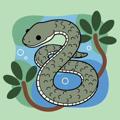 Naklejka premium Cute Arafura File Snake (Acrochordus Arafurae) Swimming In Water, Aquatic Reptile Animal Character Clipart Isolated On Transparent Background