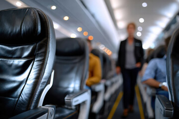 Fototapeta premium Capturing the interior of an airplane, this image emphasizes the sleek design of the seats and aisles while conveying a sense of calm and the anticipation of upcoming travel.