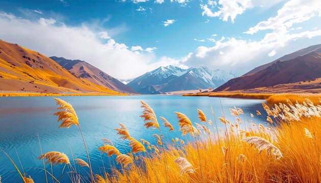 A scenic landscape featuring a serene lake surrounded by mountains and golden grass under a partly cloudy sky. The image evokes a sense of peace and natural bea - Powered by Adobe