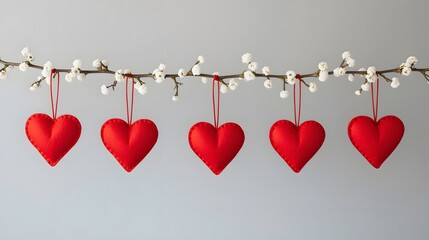 Felt hearts hanging from a delicate branch of white spring blossoms, symbolizing love and the renewal of nature.