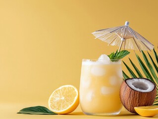A refreshing tropical cocktail with ice cubes, a paper umbrella, mint leaves, half a lemon, and a coconut on a yellow background.