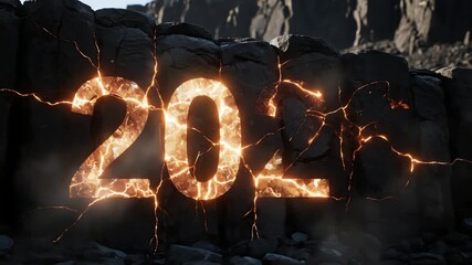 Dramatic 2026 numbers with glowing lava cracks emerge from a rugged dark rock wall, symbolizing a powerful future concept and epic transformation - Powered by Adobe