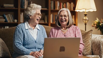 Elderly couple explore digital world with laughter and joy on laptop computer - Powered by Adobe