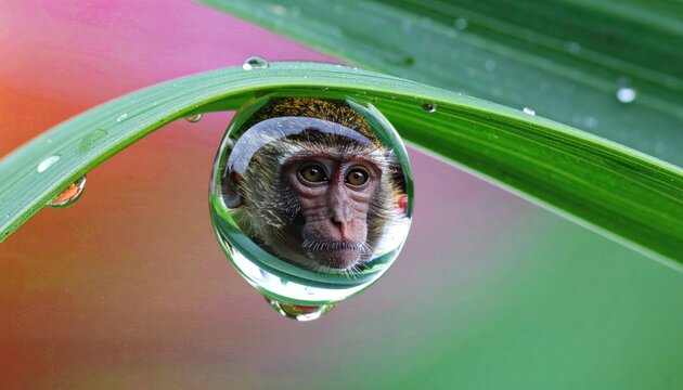 Monkey reflected in a dewdrop on a leaf