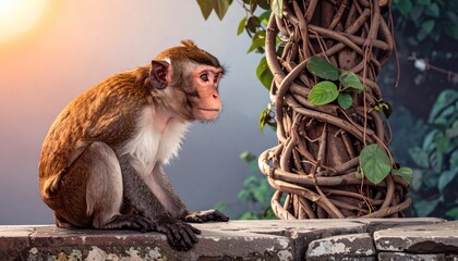 Monkey sits on a wall