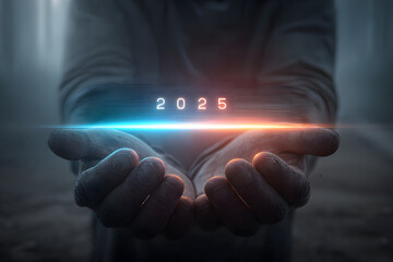 Hands holding neon glowing loading bar 2025 to 2026 transition future progress concept time progress innovation technology development
