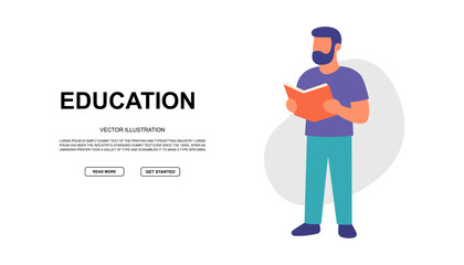 Flat vector banner of man reading a book with EDUCATION headline. Modern minimalist design