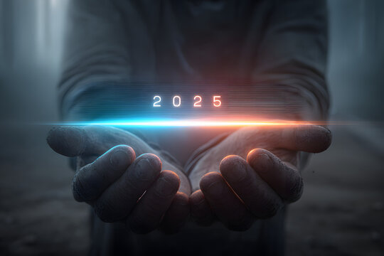 Hands holding neon glowing loading bar 2025 to 2026 transition future progress concept time progress innovation technology development