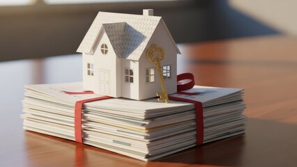 Illustration of a miniature house resting on a stack of documents, symbolizing real estate transactions, property ownership, and legal agreements with a golden key leaning against it